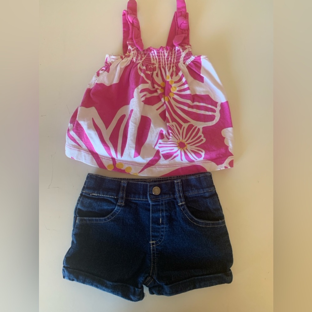 U.S. Polo Assn. Infant Girl Bundle of Denim Shorts and Hawaiian Ruched T…